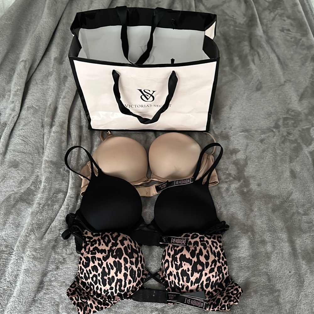 Victoria Secret push up bras. Size 34 AA. Colors nude,leopard and black.